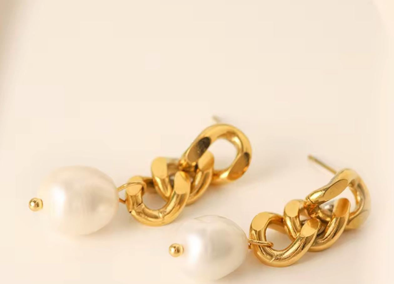 Golden Pearl Chain Earrings