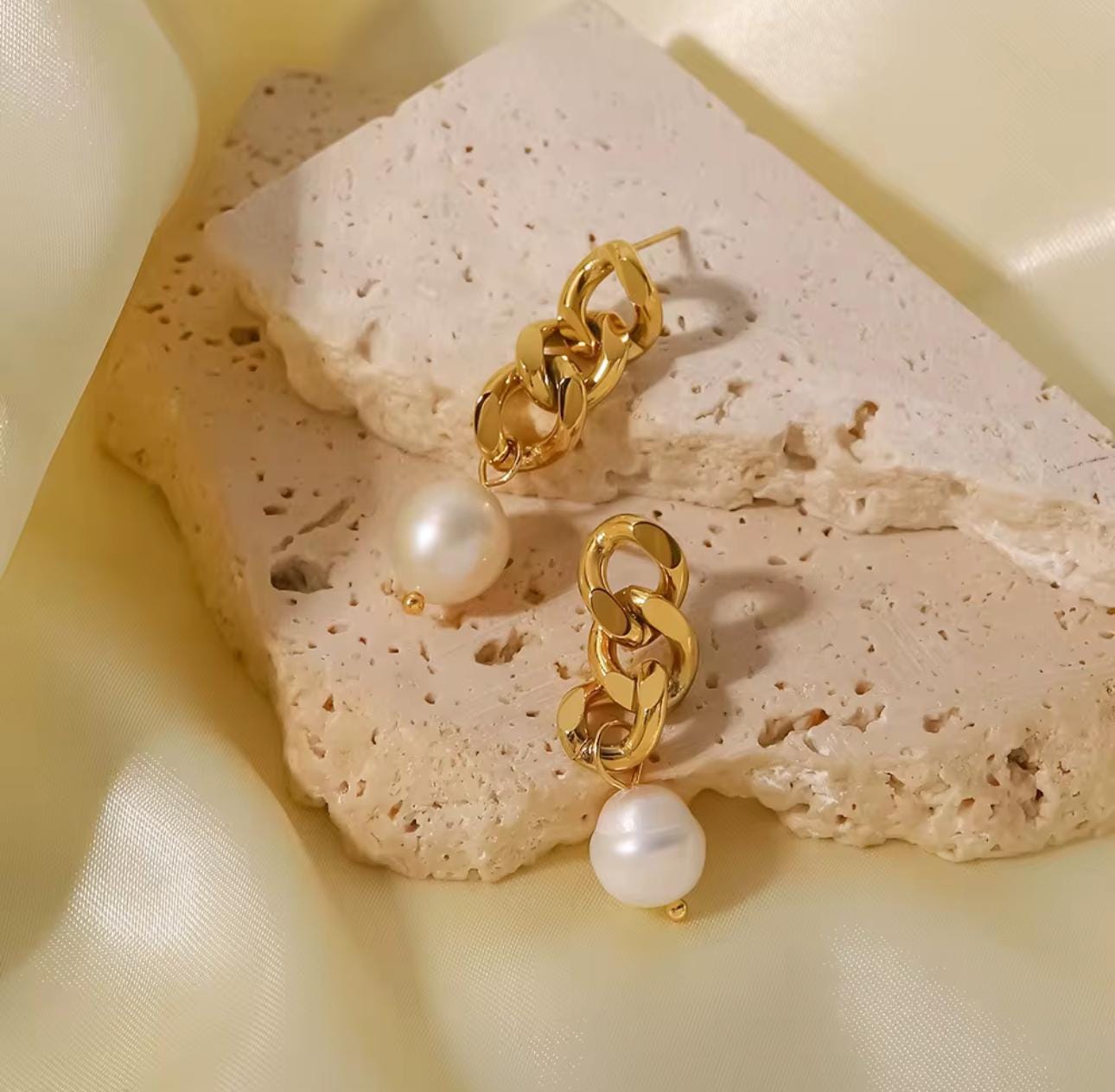 Golden Pearl Chain Earrings