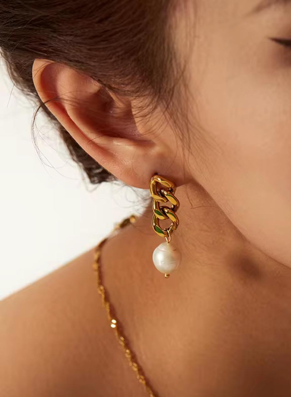 Golden Pearl Chain Earrings