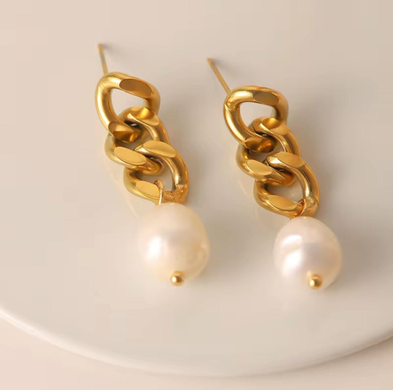 Golden Pearl Chain Earrings