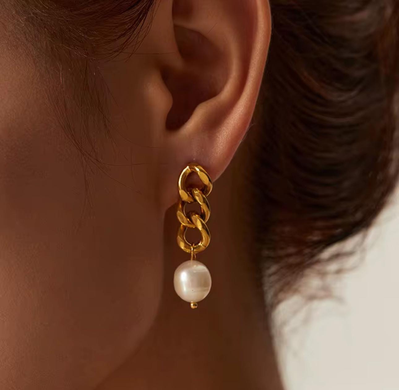 Golden Pearl Chain Earrings
